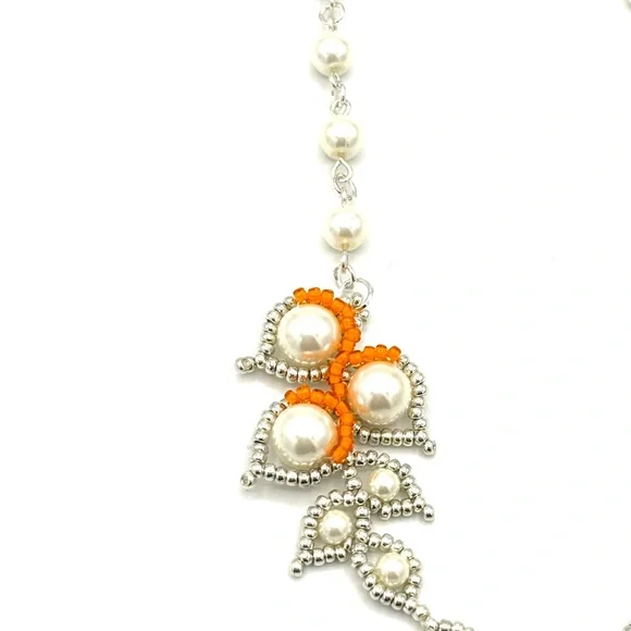 Hand Crafted Silver and Orange with Pearl Flower Necklace - Picture 9 of 9
